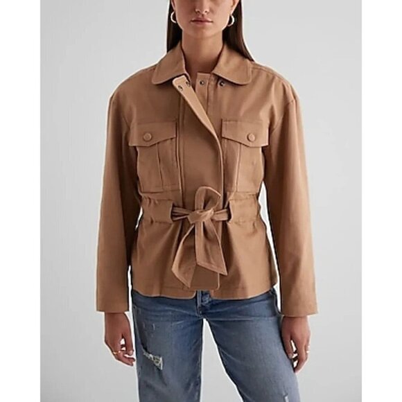 NEW Express Twill Oversized Belted Utility Jacket Brown Women's Small $138 - Picture 1 of 14